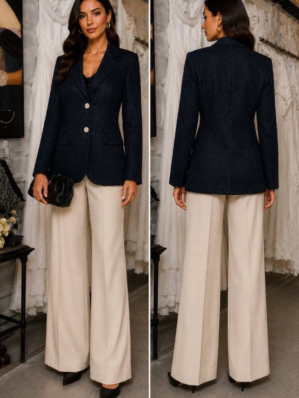 Vintage Textured Escada Wool Blend Blazer Navy Two Button Jacket Size 36 - Picture 8 of 8